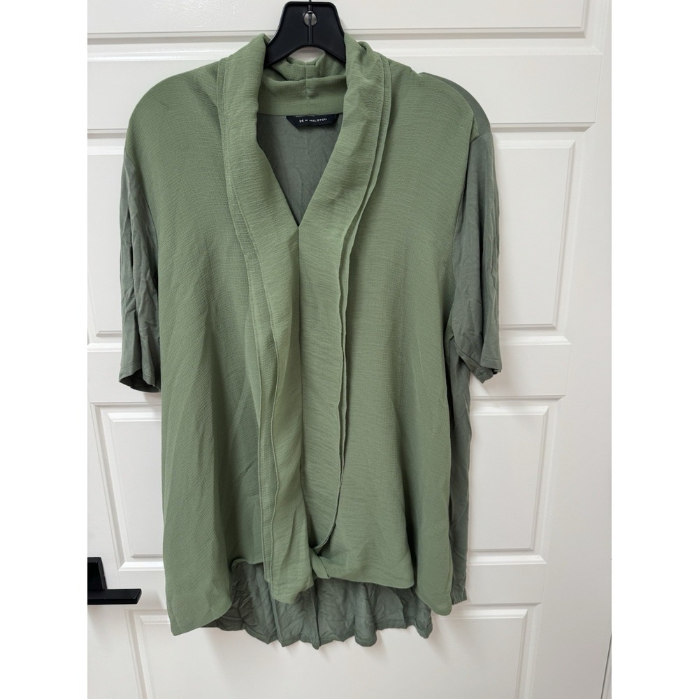 H by Halston Womens Green Short Sleeve V-Neck Hi-Low Hem Tunic Blouse Large